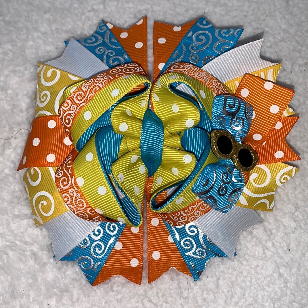 Big Sunshine Day Hairbow Bow OTT Custom Made Orange Yellow & Blue EUC